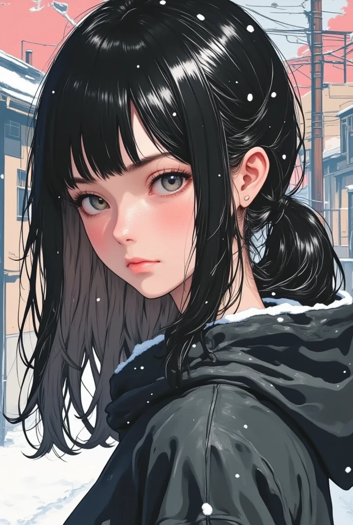 Create " Winter Season  "  Japanese young high school girl with beautiful dark gray eyes ,((( black highlight hair , Ash Brown Hair ,   straight long hairstyles , One eye is covered by hair ))、(( flat color:0.9)),Between the legs,((simple color theme background ))、Hunchback posture,  seductive poses,( plump skin :0.8),


(( Akira Toriyama )),



(((  winter casual fashion  ,))),(( is looking away))、( street fashion ) ,( from the side 1 girl ,Alone),( cute face)
