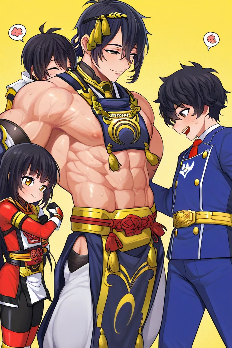    Japanese , beautiful young Mikazuki Munechika with a cool and handsome face ,  A hectic body , Sentai Hero,  - Sentai Heroes,   Toned Muscles,  is tall,   mash hair .