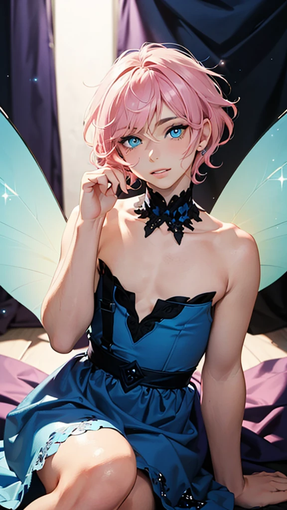 ((Masterpiece)), (( best quality)), (1 boy, male gender, effeminate,  very cute, perfect face, perfect eyes,  petit, short pink hair, curly hair, blue eyes, happy, ), ( fairy dress,  mystical sparkly dress,sleeveless, bare shoulders , fairy wings)