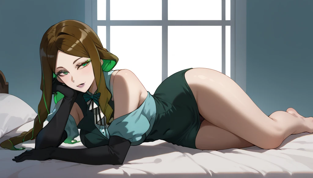 naked, a character from head to toe, feet in the frame, hands in the frame, elbows in the frame, lying on a white sheet, lying on her back, sexy pose, 1girl, tatsumaki, green hair, green eyes, short hair, curly hair, thighs, looking at viewer