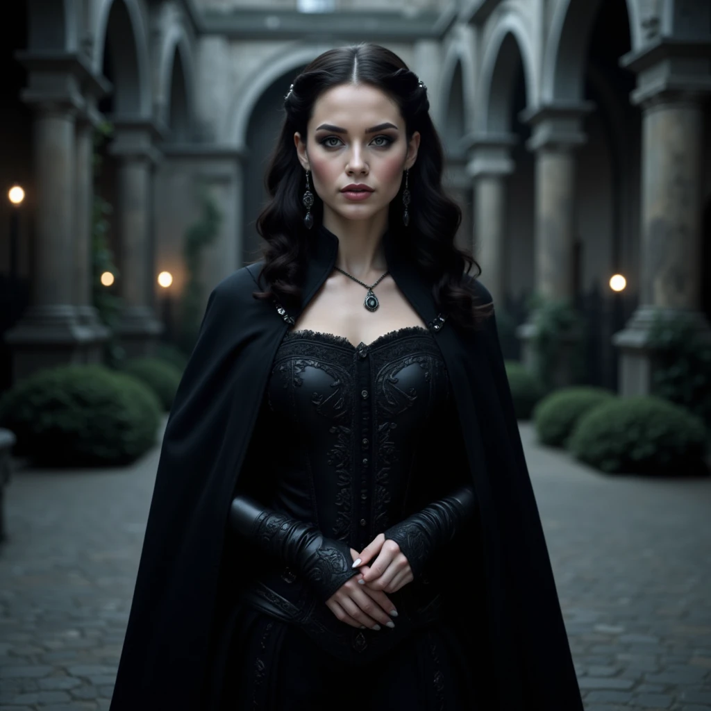 Super beautiful and sexy woman, elegant medieval dark clothing, dark sun