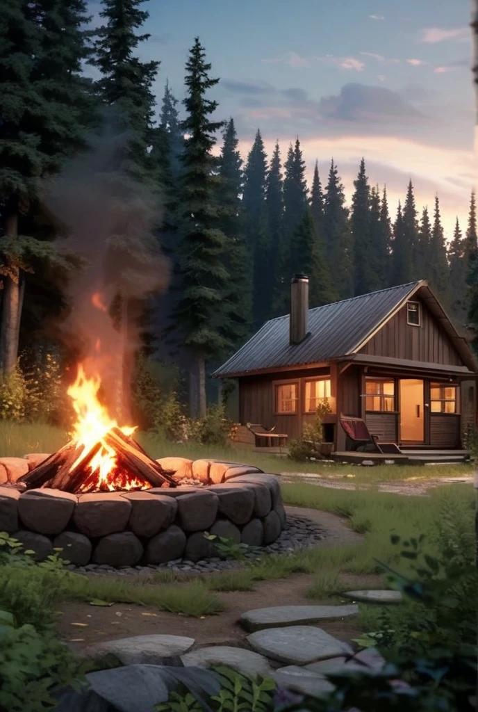 Cabin in the woods with a fire pit