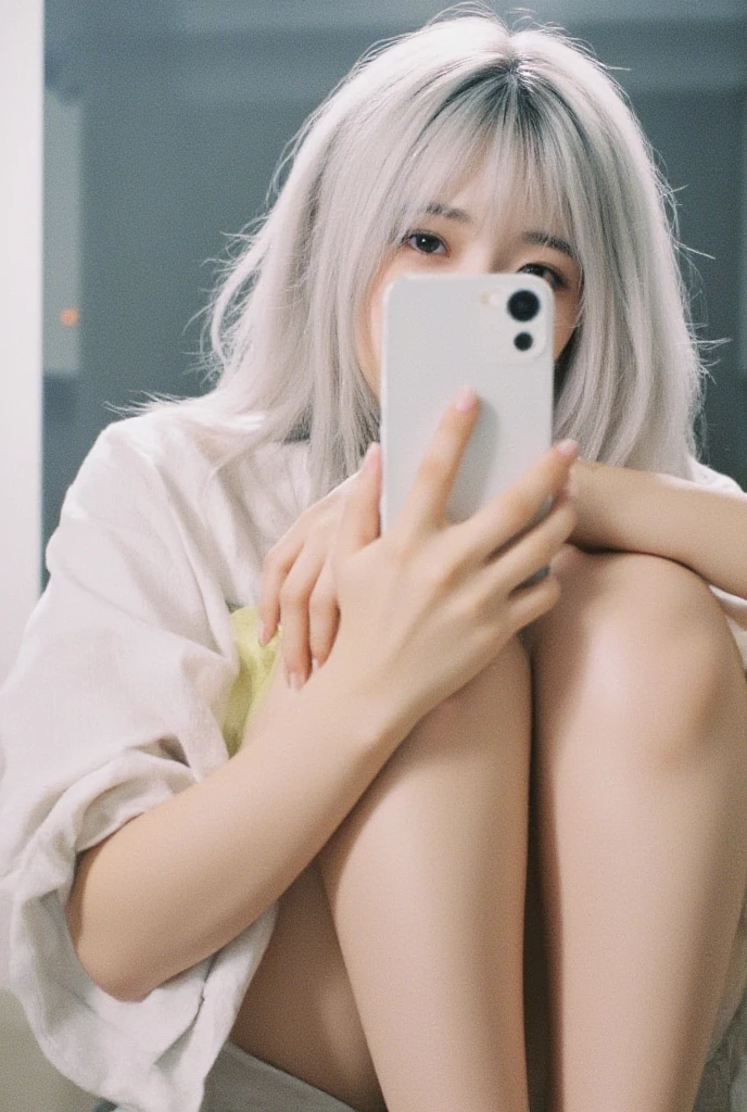 1 girl,alone,nahida (Genshin Impact),green eyes,underwear,green underwear,pointed ears,Side Mao Insult,underwear,blush,sitting,Telephone,white hair,long hair,hair accessories,skirt,foot,cellTelephone,Keep,sock,thigh,