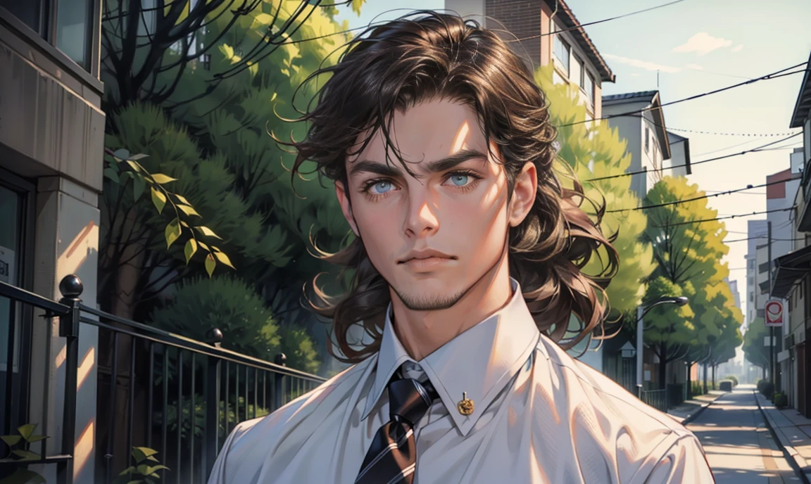 (masterpiece, best quality), 1 male, aged in his 20's appearance:1.4, tall muscular guy, broad shoulders, finely detailed eyes and detailed face, intricate details, realistic, very handsome, wavy long brown hair:1.7, dark eyes:1.4, romantic beautiful face:1.5, professionally-dressed in a button-down shirt and tie: 1.4, teacher:1.4, flustered, Has a disarmed expression on his face:1.7, stubble on his jaw & chin:1.5, looking at viewer:1.5, standing outside a secondary-school building, surrounded by trees.