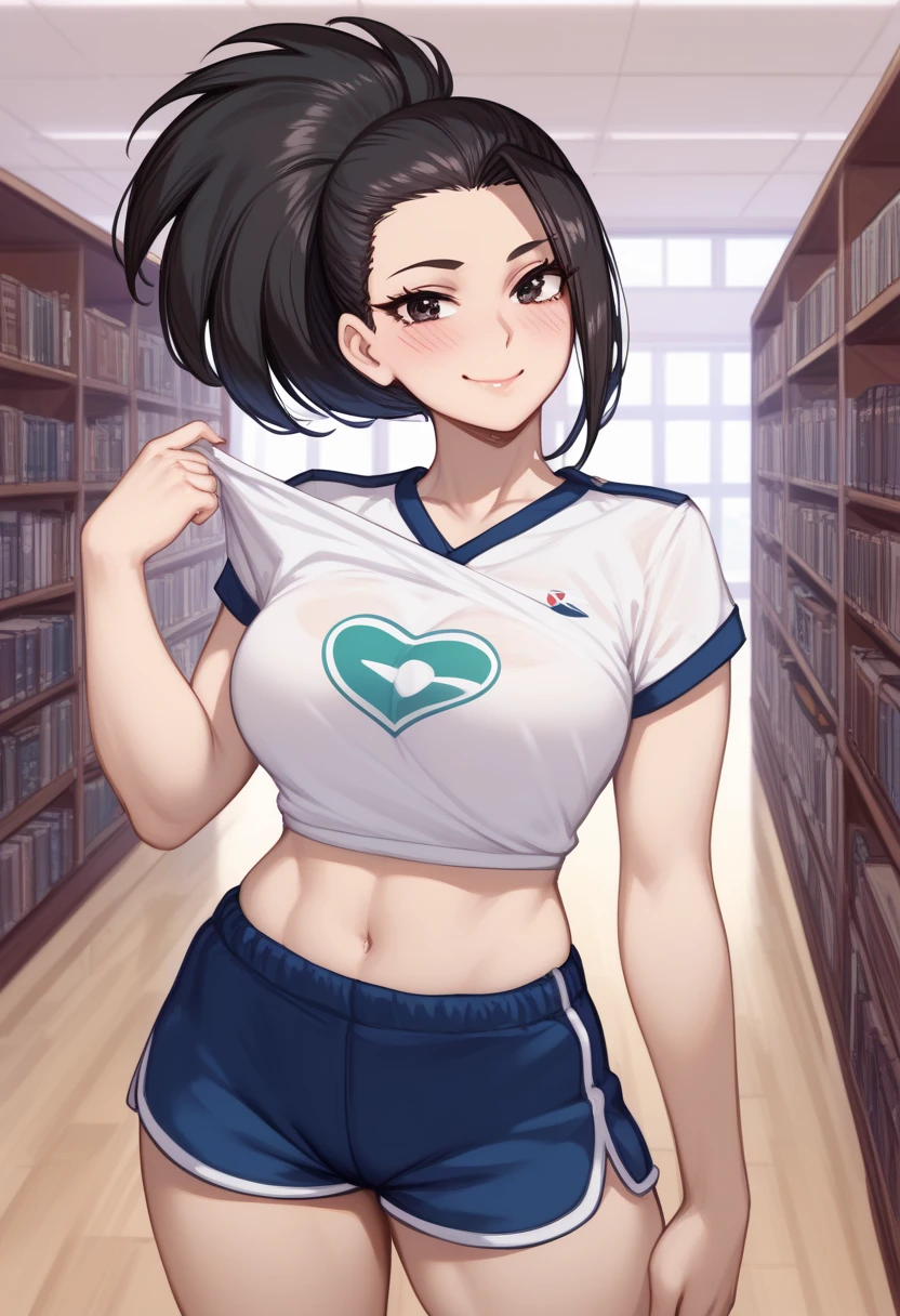 ( mature woman),  fair skin , (( character: Momo Yaoyorozu from Boku no Hero)),  pretty face, ((naughty face)), chest, top of the academy,  gym shorts, Sensual, ( toned body ), ( blushed face),  highest quality , standing pose, (Bottom: inside a library)