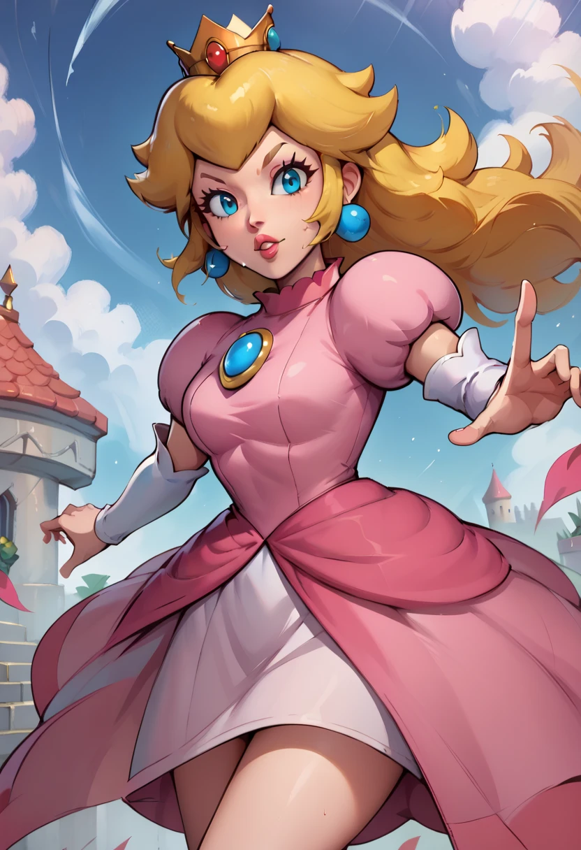 score_9, score_8_up, score_7_up, 1girl, Princess Peach from Mario, looking at viewer, action pose, cowboy shot