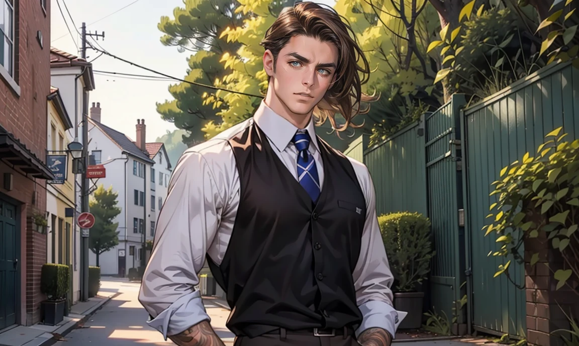 (masterpiece, best quality), 1 male, aged in his 20's appearance:1.4, tall muscular guy, broad shoulders, finely detailed eyes and detailed face, intricate details, realistic, very handsome, wavy long brown hair:1.7, dark eyes:1.4, romantic beautiful face:1.5, professionally-dressed in a button-down shirt and tie: 1.4, teacher:1.4, flustered, Has a disarmed expression on his face:1.7, stubble on his jaw & chin:1.5, looking at viewer:1.5, standing outside a secondary-school building, surrounded by trees.