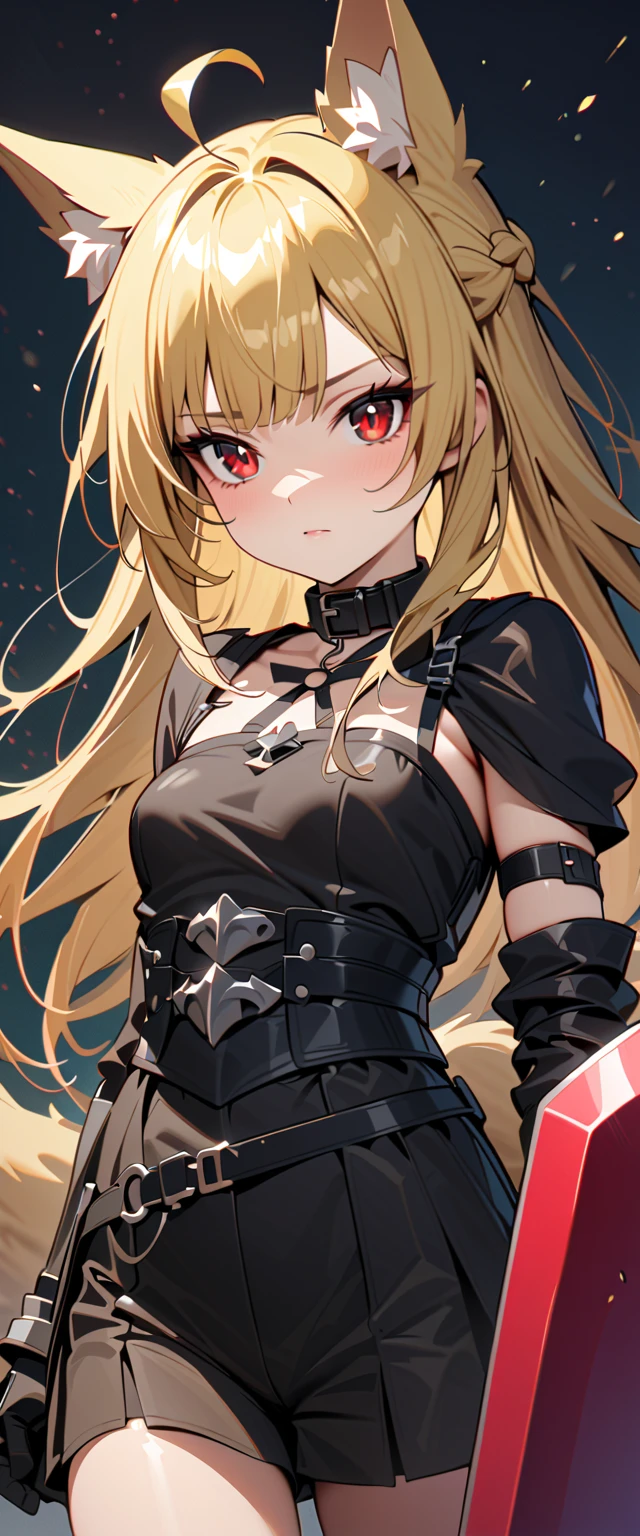 (high-quality, breathtaking),(expressive eyes, perfect face) 1girl, female, solo, maomao, cowboy shot, medium full shot, blonde hair color, long hair, alluring red eyes, small breast, small stature, frame, flat chested, fox ears, fluffy fox tail, small Ahoge, Knight Attire, armor on arm, (Sword and shield), black shorts, looking towards viewer, HD, High quality image, dusty particles floating around, black choker, black collar with spikes, goth girl, goth aesthetic, red accents on clothes,