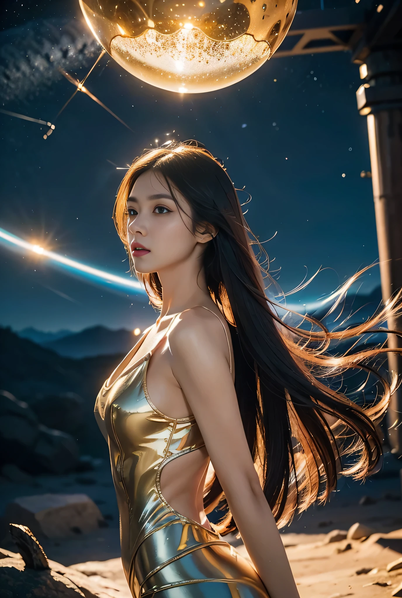 photo actual image of AI girl in exosuit as supermodel embedded with a mecha_ jet flying to the sky , leaves a trail of light behind her , whole body, Steady flight posture , intricately detailed , front view, Expectations, low angle shot , Carol is behind the uhd, Beautiful digital art , girl in a spacesuit and high heels , 8K high-precision digital art , digital art fantasy , digital art fantasy art, exquisite digital art , Digital Fantasy Art ), detailed fantasy digital art , Digital Fantasy Art, Beautiful sci-fi art, The goddess of the universe, full of energy 、Luminescence、 epic surreal scene , Shut up, Depth of Field, eyelash, , Luminescence, jewelry, Light Particles, Lips, nose, planet, side, actual , long flowing hair, unique , space, whole body