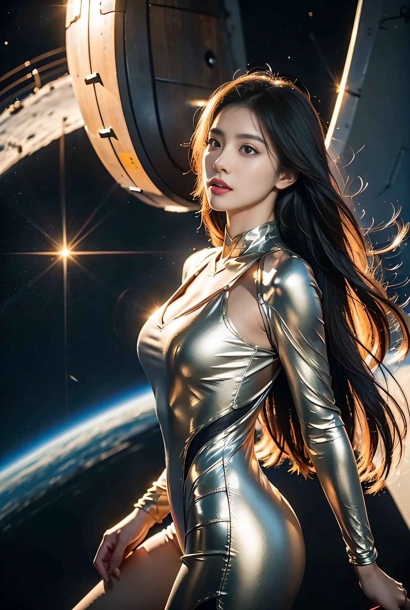 (Real)、A young and beautiful woman、Science fiction、treasure hunter、Unearthing ancient ruins in space、Transcendently beautiful face、Ideal proportions、Big Breasts、Beautiful long straight hair gathered into a braid、blonde、Dynamic Pose、A revealing holographic outfit、Dynamic Angles、
