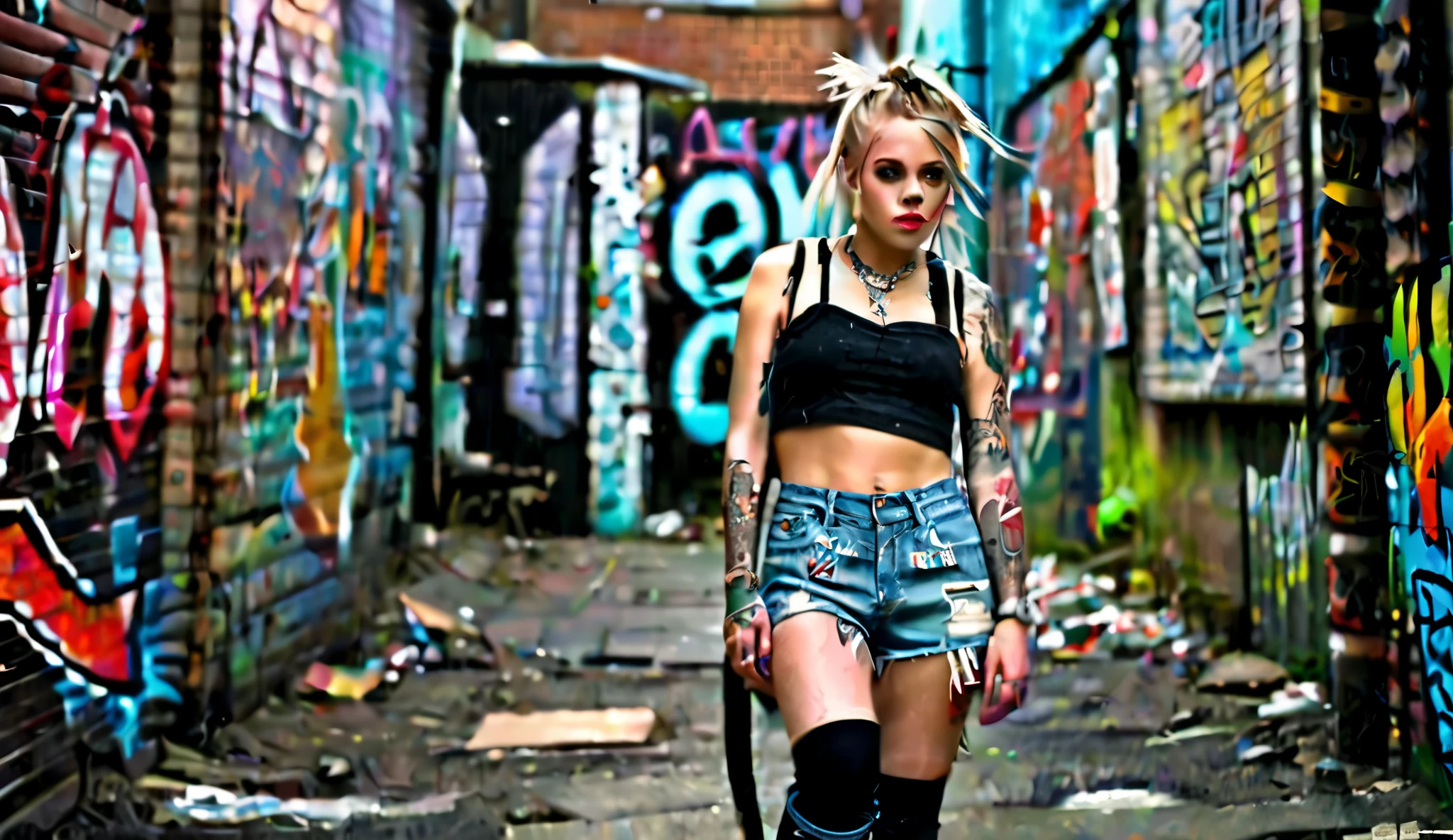 An urban alley at night, cluttered with rubbish and vibrant graffiti covering the walls. A heavily tattooed ager with blonde pigtails stands confidently, wearing a white bra top, distressed short denim shorts, stockings and black Doc Martens boots. She strikes a bold, provocative pose, making the 'devil's horn' hand gesture and pouting with attitude, her fierce demeanor amplifying the gritty, rebellious atmosphere
Modifiers:
intricate very attractive high detail crisp quality Vivid intricate high detail very attractive © CoolCymru Bright colouring