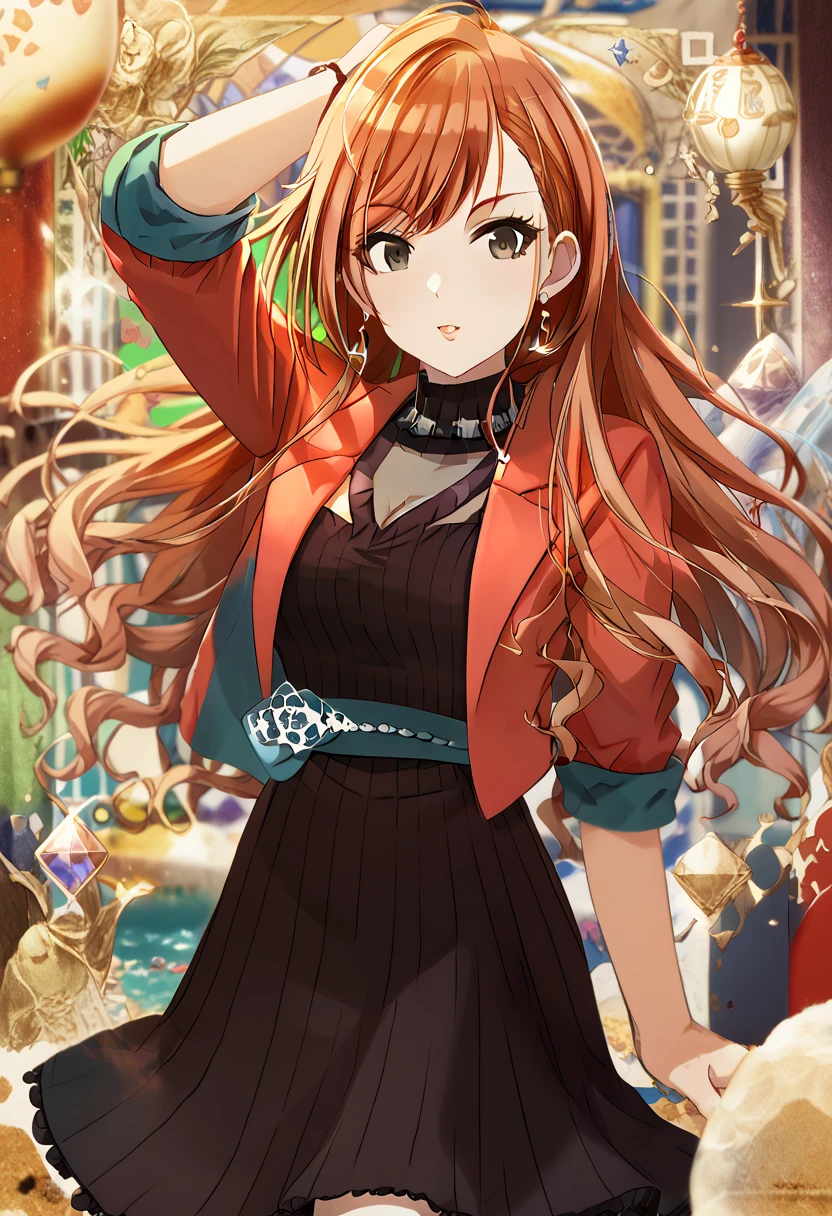 (masterpiece),(best quality),(ultra-detailed),(best illustration),(best shadow),(absurdres),(detailed background),(very aesthetic),natsuhaarisugawa, 1girl, solo, orange hair, long hair, ahoge, swept bangs, black eyes, large breasts, cleavage, red jacket, open jacket, sleeves rolled up, black dress, short dress, ribbed dress, turtleneck, see-through cleavage, aqua belt, earrings, jewelry