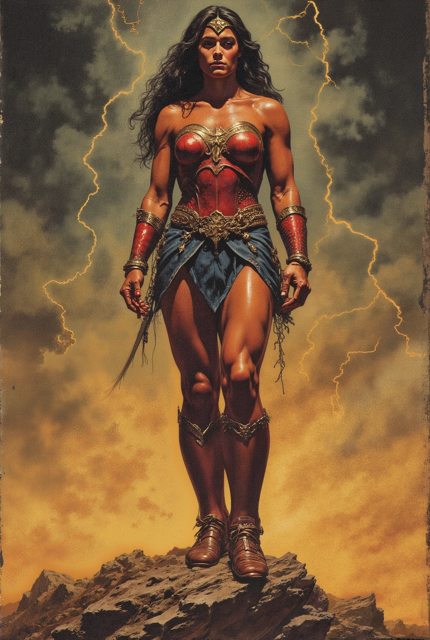 Wonder woman, porn actress, strong, bronzed, amazon, warrior, lust, heroina , Bottom view , pose de heroi, hands on waist, hands on hips, authoritarian, one of the legs flexed on a rock, Greek Goddess pose, Bottom view, in a beautiful pose of power, Bottom view, athletic, beautiful professional illustration, cores strongs e gritantes estilo cartaz, inspired by j.c leyendecker