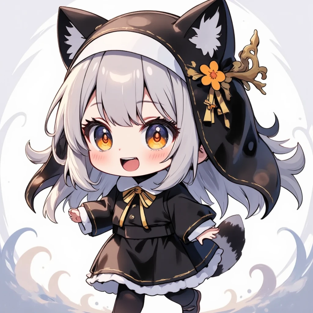 Anyway, a cute chibi nun character, , big head, working hard, lively expression, wearing a raccoon costume, walking back and forth, cute and funny illustration, ultra detailed, absolutely resolution, masterpiece