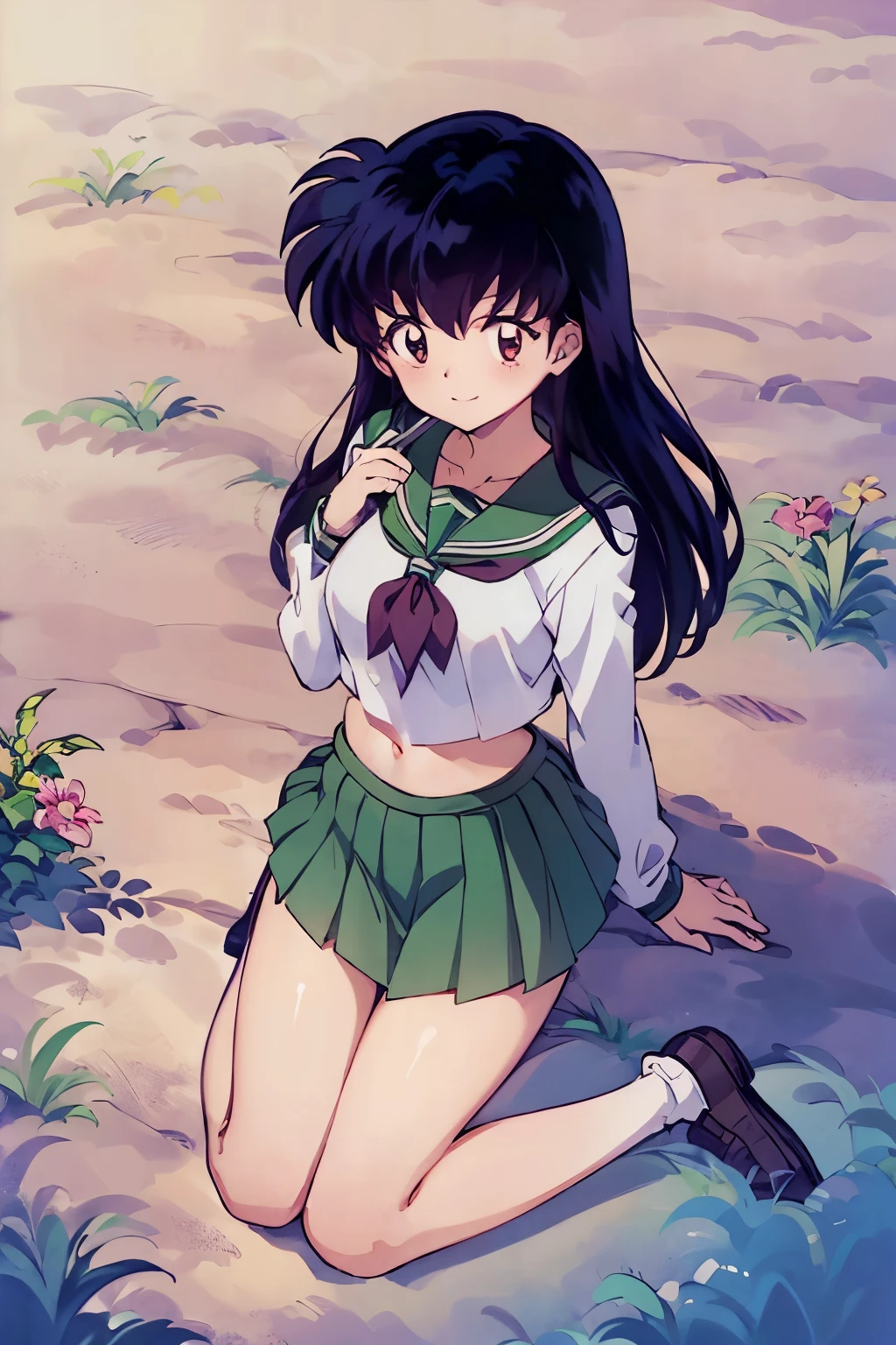masterpiece, better quality, High Definition, Kagome Higurashi, uniformes escolares, Colored, green skirt , white socks , smile, blushing , full body, stomach