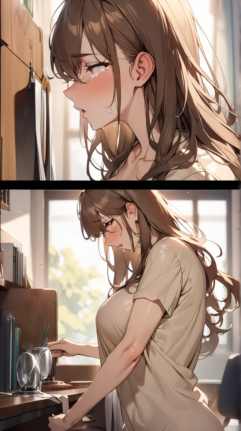 Browsing Caution，(Very delicate，highest quality、8k），(Man and mature woman having sex)，blush，Brown haired woman，Speech bubble，Adult Toys，smartphone，Drooling，Cunnilingus