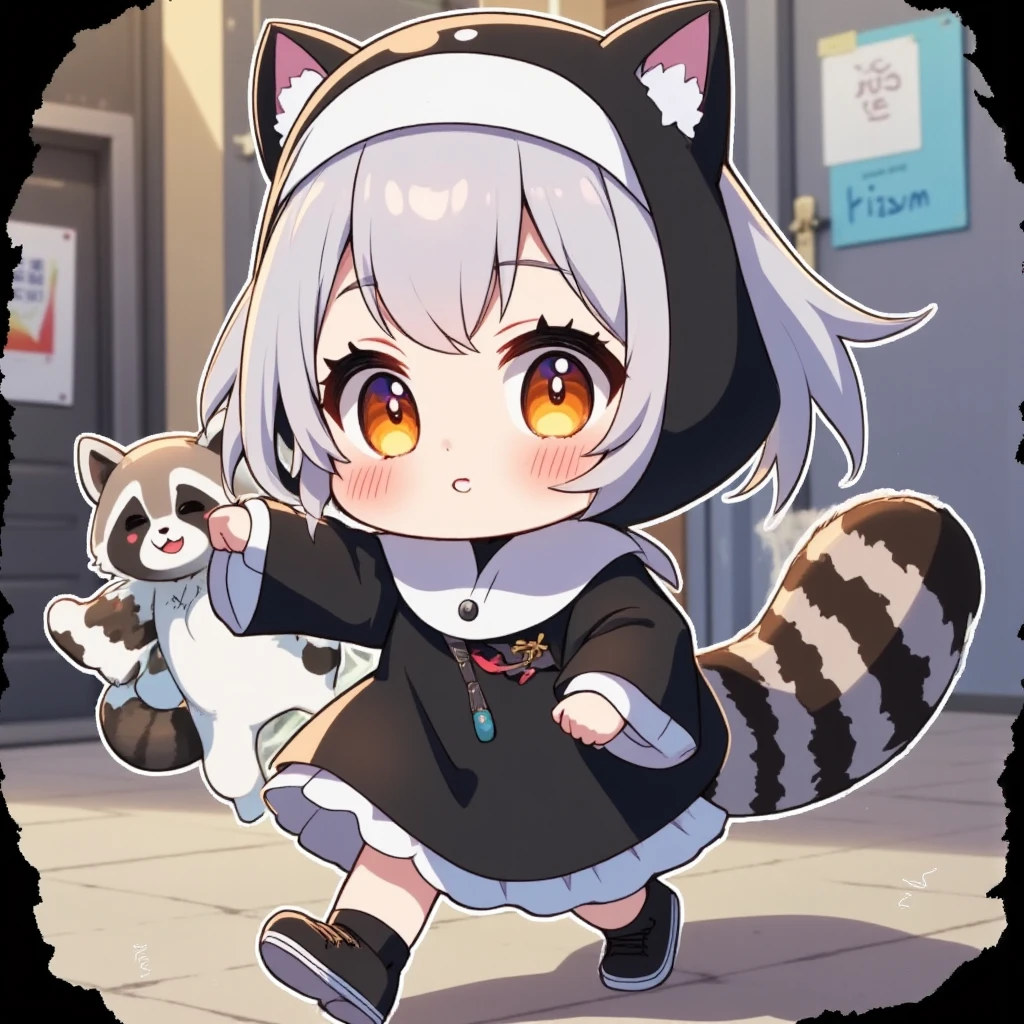 Anyway, a cute chibi nun character, , big head, working hard, lively expression, wearing a raccoon costume, walking back and forth, cute and funny illustration, ultra detailed, absolutely resolution, masterpiece