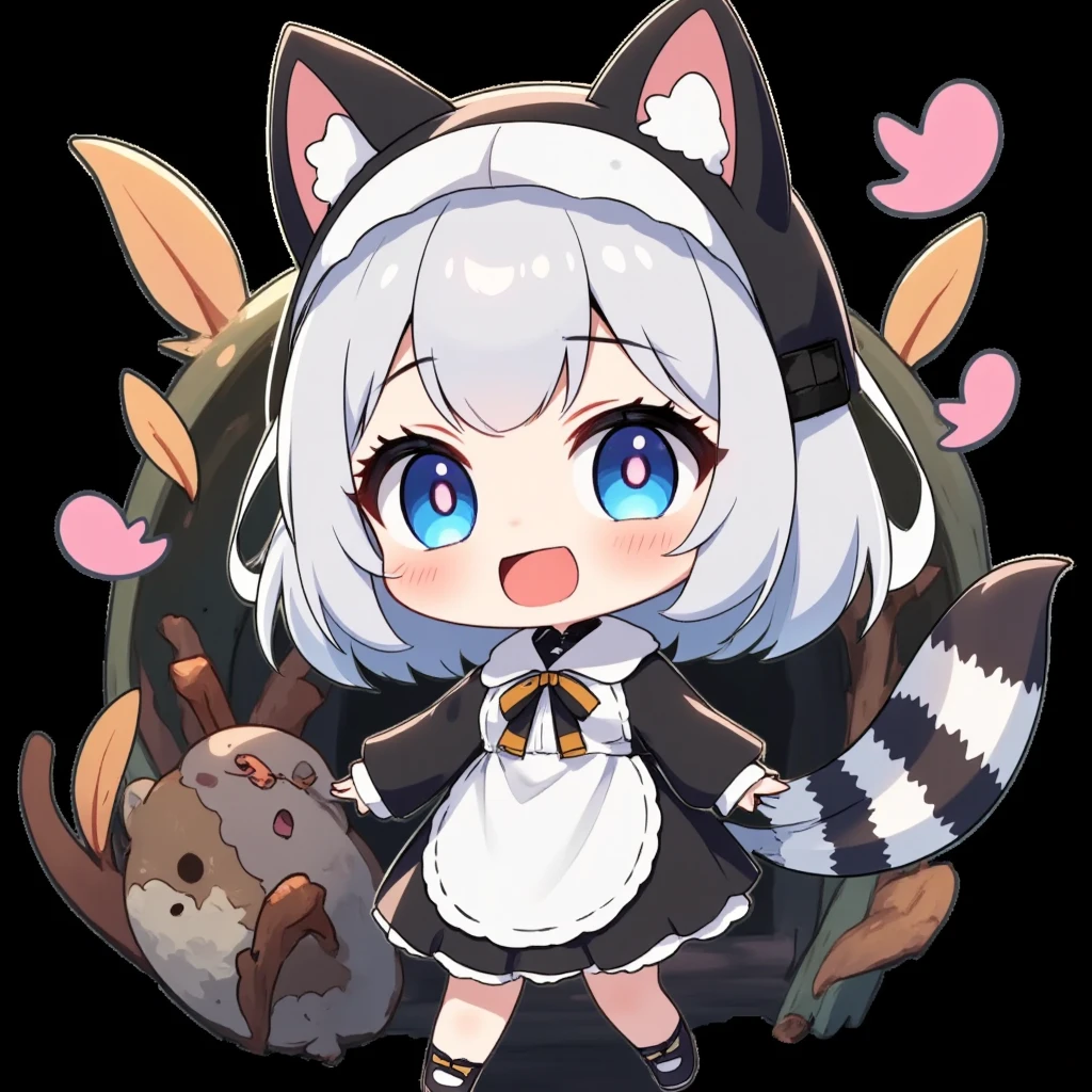 Anyway, a cute chibi nun character, , big head, working hard, lively expression, wearing a raccoon costume, walking back and forth, cute and funny illustration, ultra detailed, absolutely resolution, masterpiece