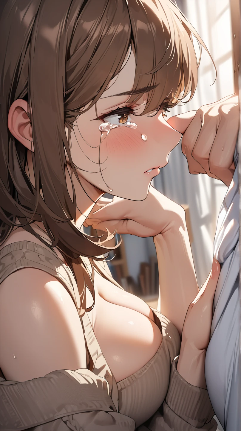 Licking a man's penis A close-up of a cute girl in a lewd pose, spreading her pussy so wide you can see the hole inside A man's penis ejaculates a huge amount onto a girl's face