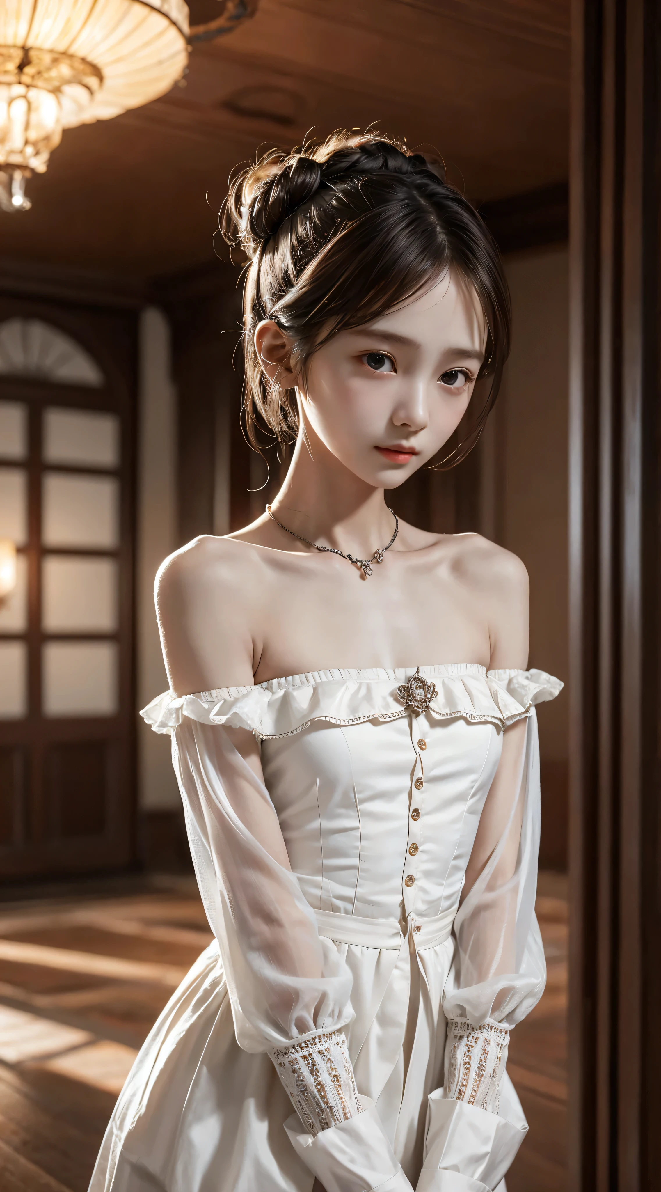  Unity 8K Wallpaper,  more details,  beautiful,  beautiful, masterpiece,  top quality, vibe, mystery, Romanticism, literature, art, fashion,  Victorian, Decoration, Complexity, Ironwork, race, meditation, Depth of emotion,  Supernatural, 1 girl, white skin,White Shoulders,Narrow shoulders,Thin arms, slender waist, bun hair 