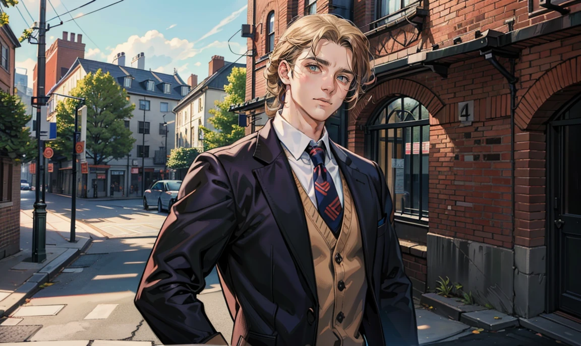 (masterpiece, best quality), 1 male, 26 years old:1.4, tall muscular guy, broad shoulders, finely detailed eyes and detailed face, intricate details, realistic, very handsome, curly long blond hair:1.7, dark eyes:1.4, romantic beautiful face:1.5, professionally-dressed in a button-down shirt and tie: 1.4, teacher:1.4, flustered, Has a disarmed expression on his face:1.7, stubble on his jaw & chin:1.5, looking at viewer:1.5, standing outside a secondary-school building, surrounded by trees.