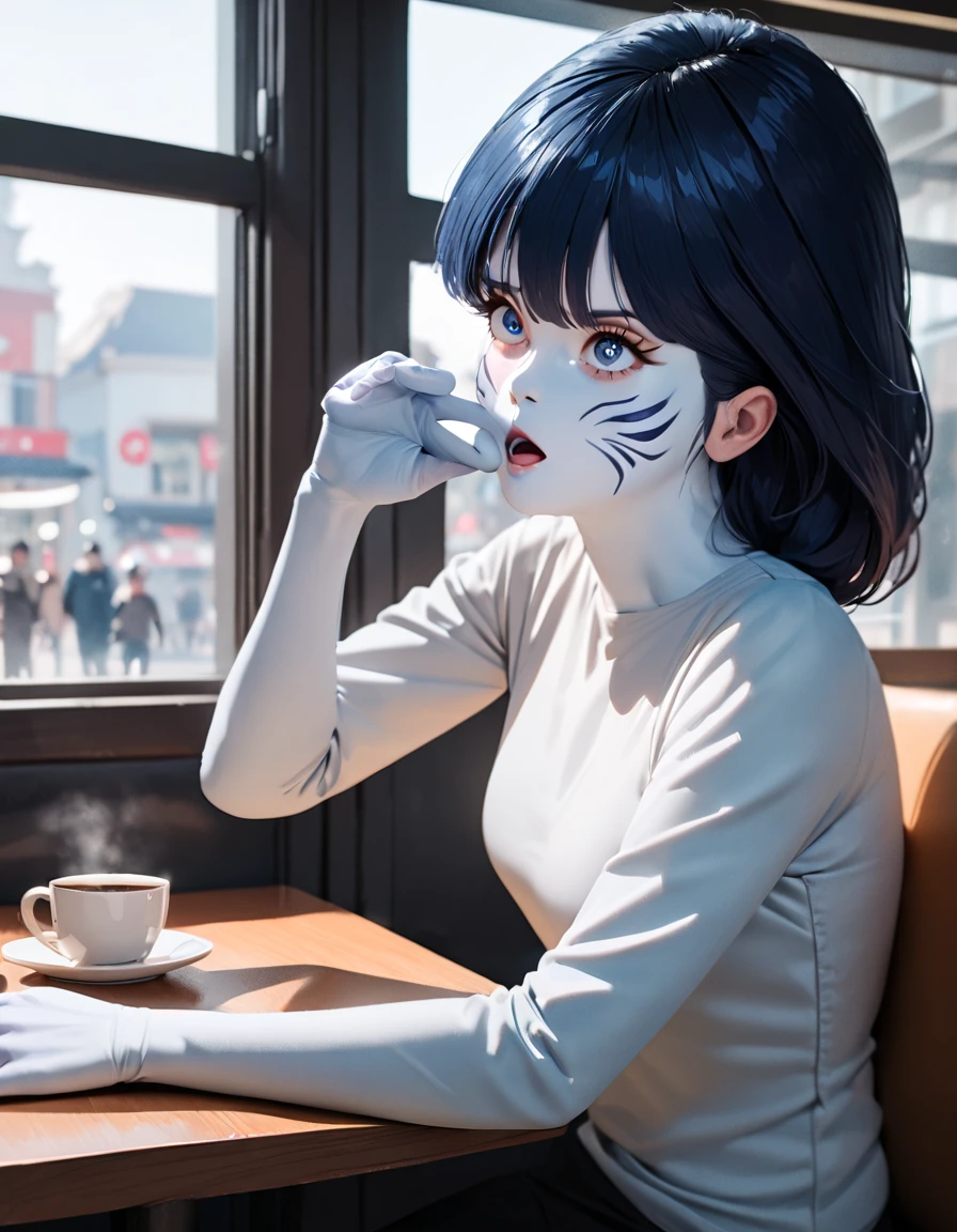 Woman drinking coffee while sitting at a table in a cafe, Window sunlight ,  Blue Hair,  dynamic poses,  Skin Texture ,  blue-white skin,  Shiny Skin, ( slim,  small:1.2), [:( is in focus on the face,  detailed face ,  perfect eyes,  is looking:1.2):0.2],  photorealistic,  film grain,  best quality , Masterpiece, cowboy shot,