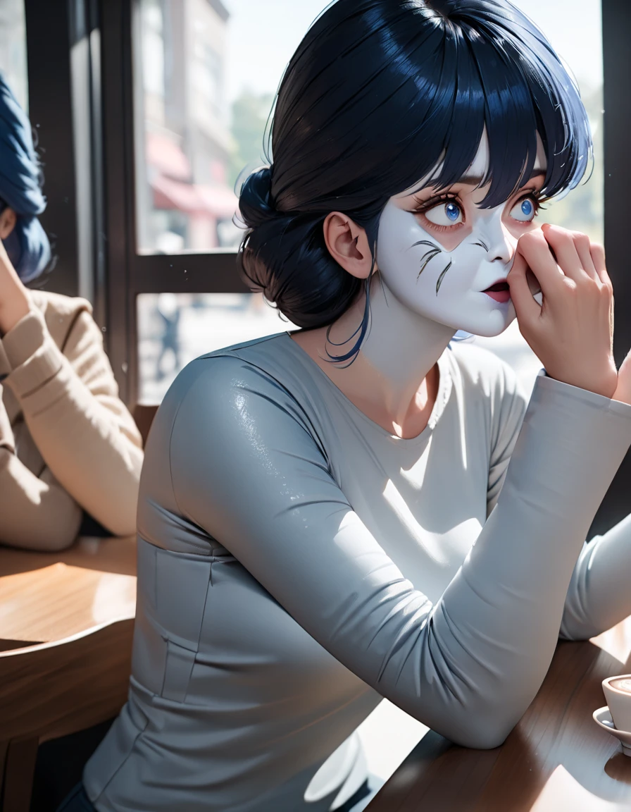 Woman drinking coffee while sitting at a table in a cafe, Window sunlight ,  Blue Hair,  dynamic poses,  Skin Texture ,  blue-white skin,  Shiny Skin, ( slim,  small:1.2), [:( is in focus on the face,  detailed face ,  perfect eyes,  is looking:1.2):0.2],  photorealistic,  film grain,  best quality , Masterpiece, cowboy shot,