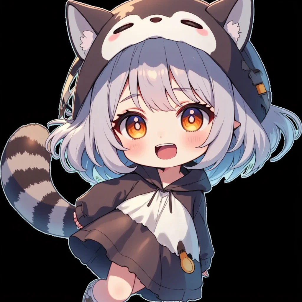 Anyway, a cute chibi girl character, , big head, working hard, lively expression, wearing a raccoon costume, walking back and forth, cute and funny illustration,  ultra detailed, absolutely resolution, masterpiece