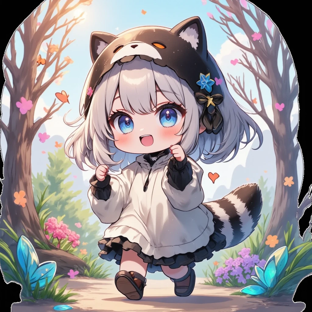 Anyway, a cute chibi girl character, , big head, working hard, lively expression, wearing a raccoon costume, walking back and forth, cute and funny illustration,  ultra detailed, absolutely resolution, masterpiece