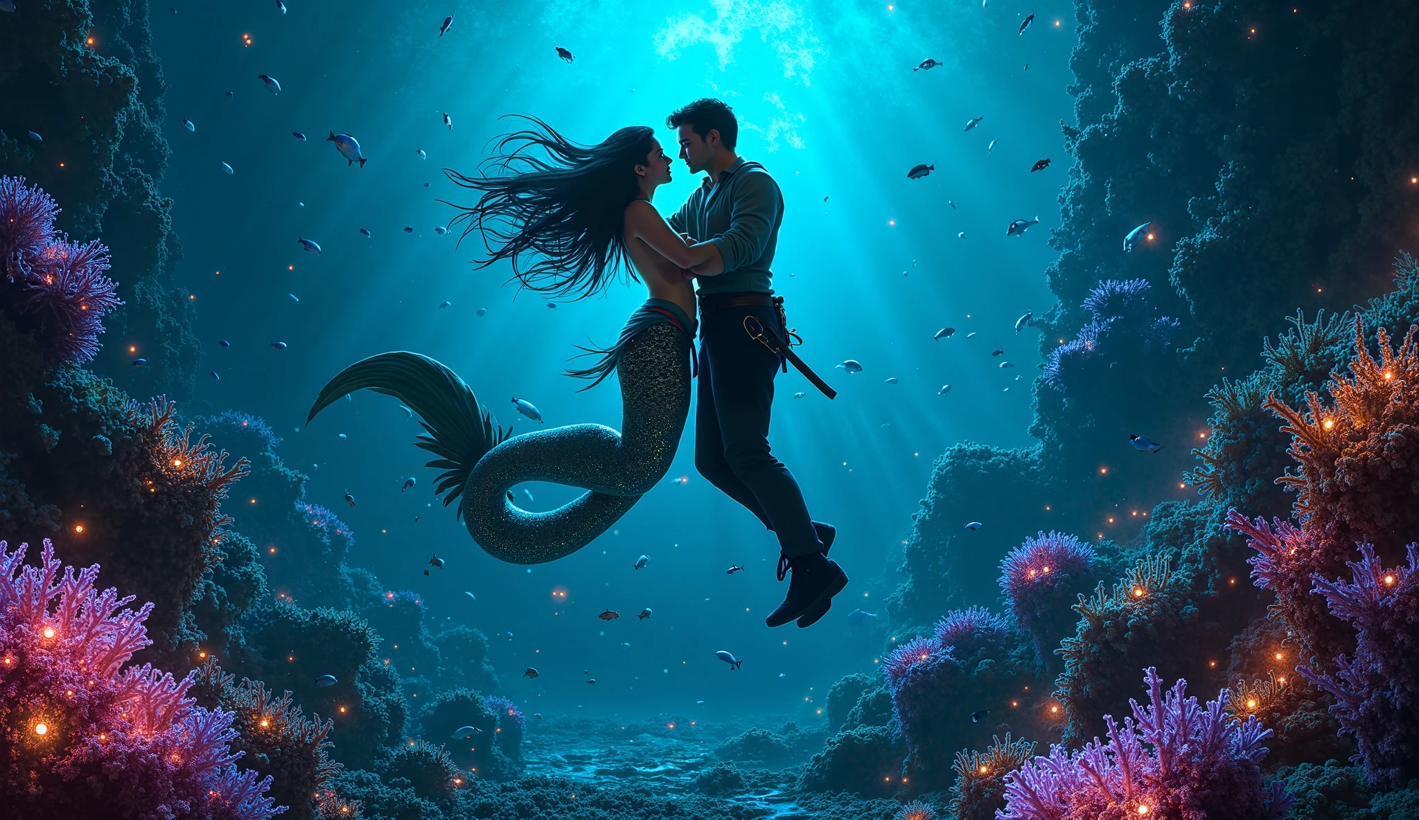 male mermaid, teenager boy, sereio masculine, in the deep sea, with details of the seabed, (highest quallity、tabletop、8k、best quality image、Hyper-Realism) masculine, clothes in silver and blue colors, beautiful mermaid, Scrawny, long dark brown hair, seen from afar in front of a giant statue of Aphrodite illuminated by a purple light with fish flying