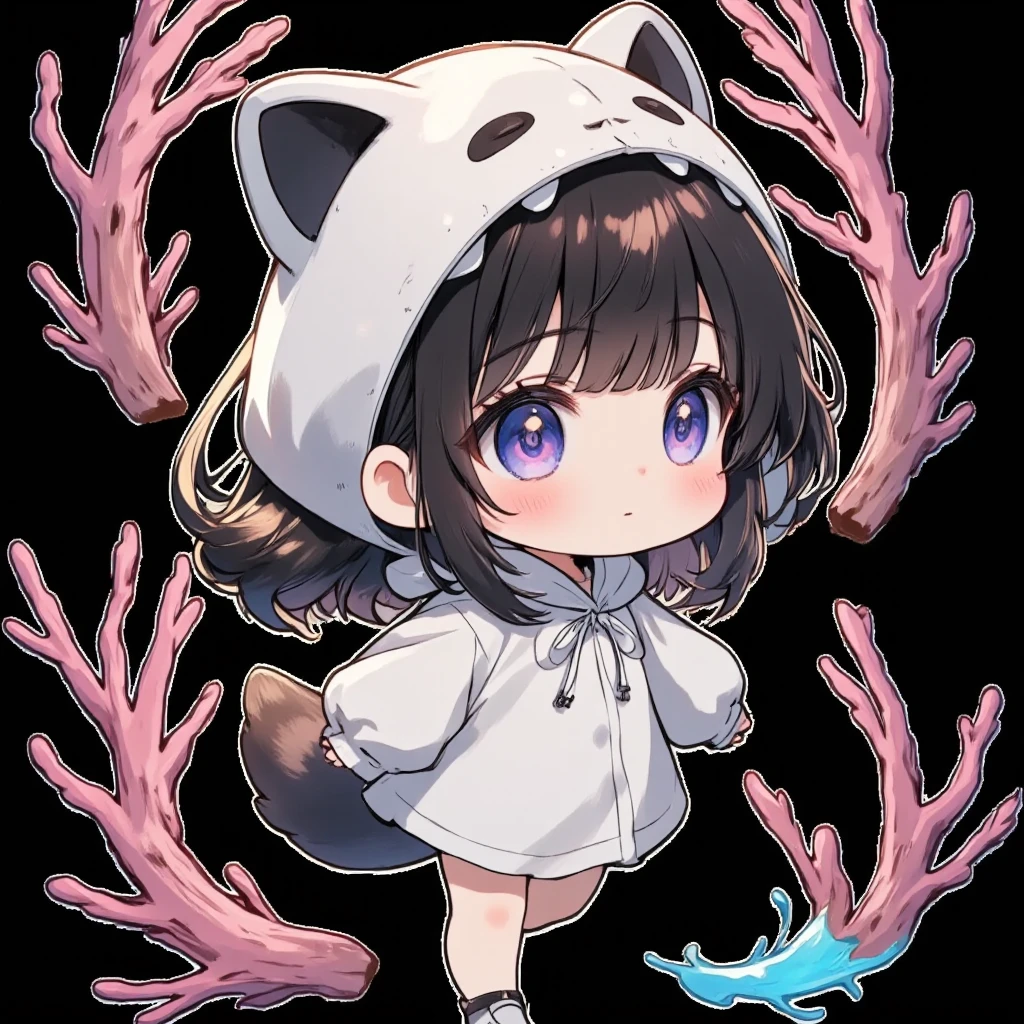 Anyway, a cute chibi girl character, , big head, working hard, lively expression, wearing a raccoon costume, walking back and forth, cute and funny illustration,  ultra detailed, absolutely resolution, masterpiece