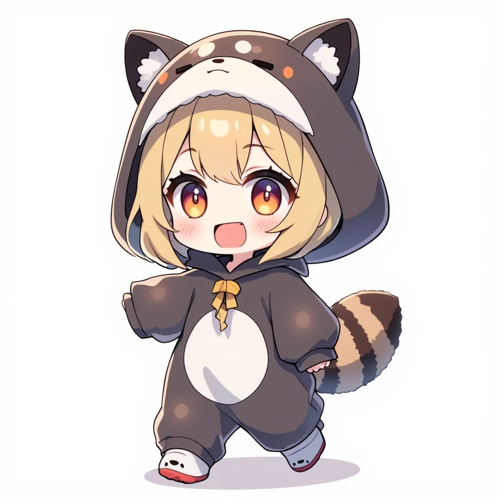 Anyway, a cute chibi girl character, , big head, working hard, lively expression, wearing a raccoon costume, walking back and forth, cute and funny illustration,  ultra detailed, absolutely resolution, masterpiece