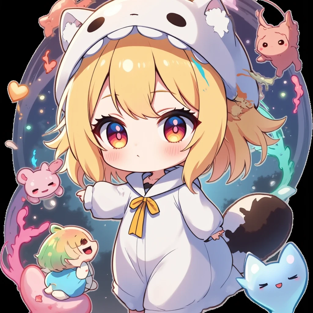 Anyway, a cute chibi girl character, , big head, working hard, lively expression, wearing a raccoon costume, walking back and forth, cute and funny illustration,  ultra detailed, absolutely resolution, masterpiece