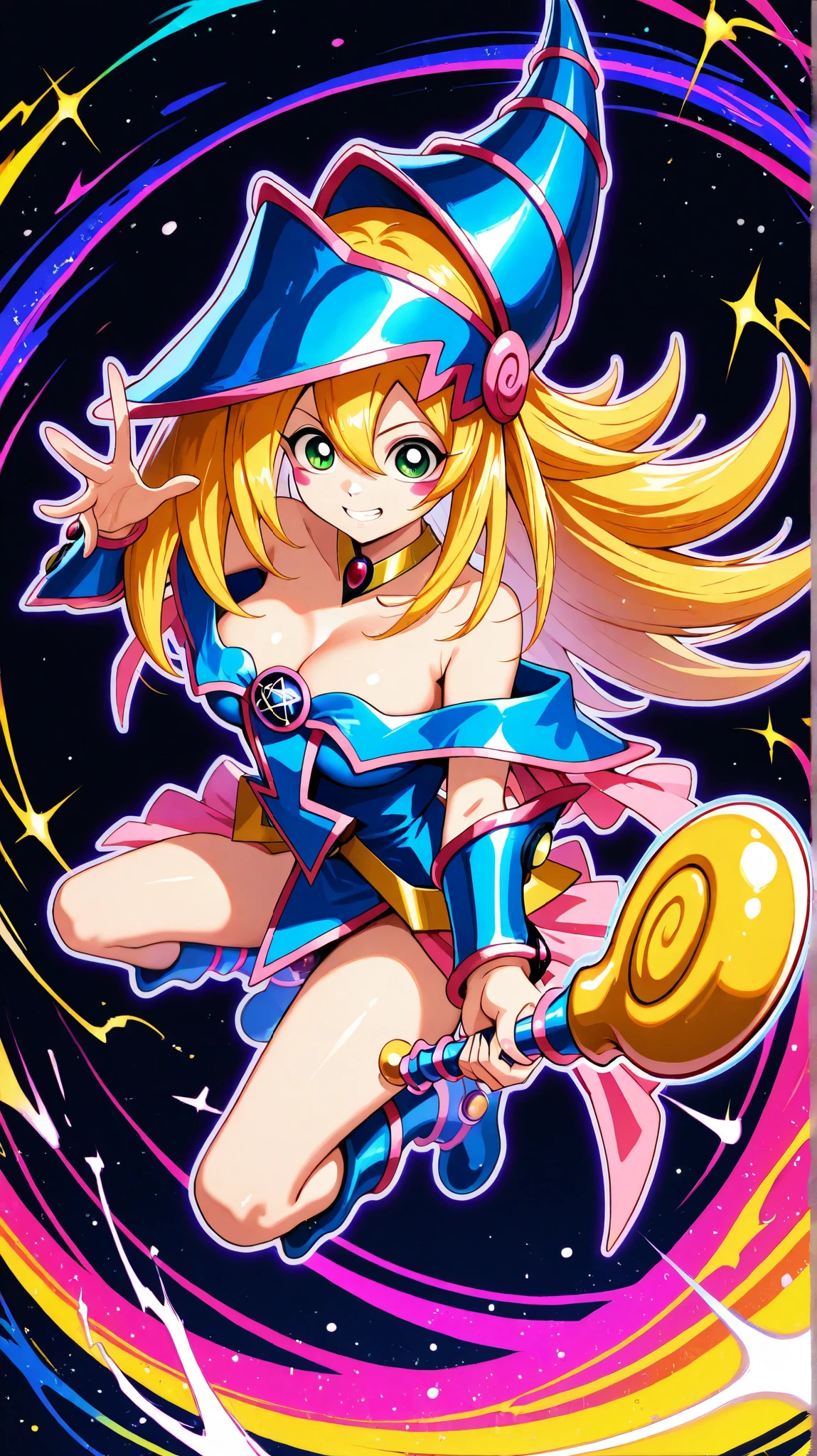 1 chica dark magician girls, twin pigtails, Black background,colorful,vibrant, shiny outline ,neon,Blacklight,any pose, dynamic, Behavior