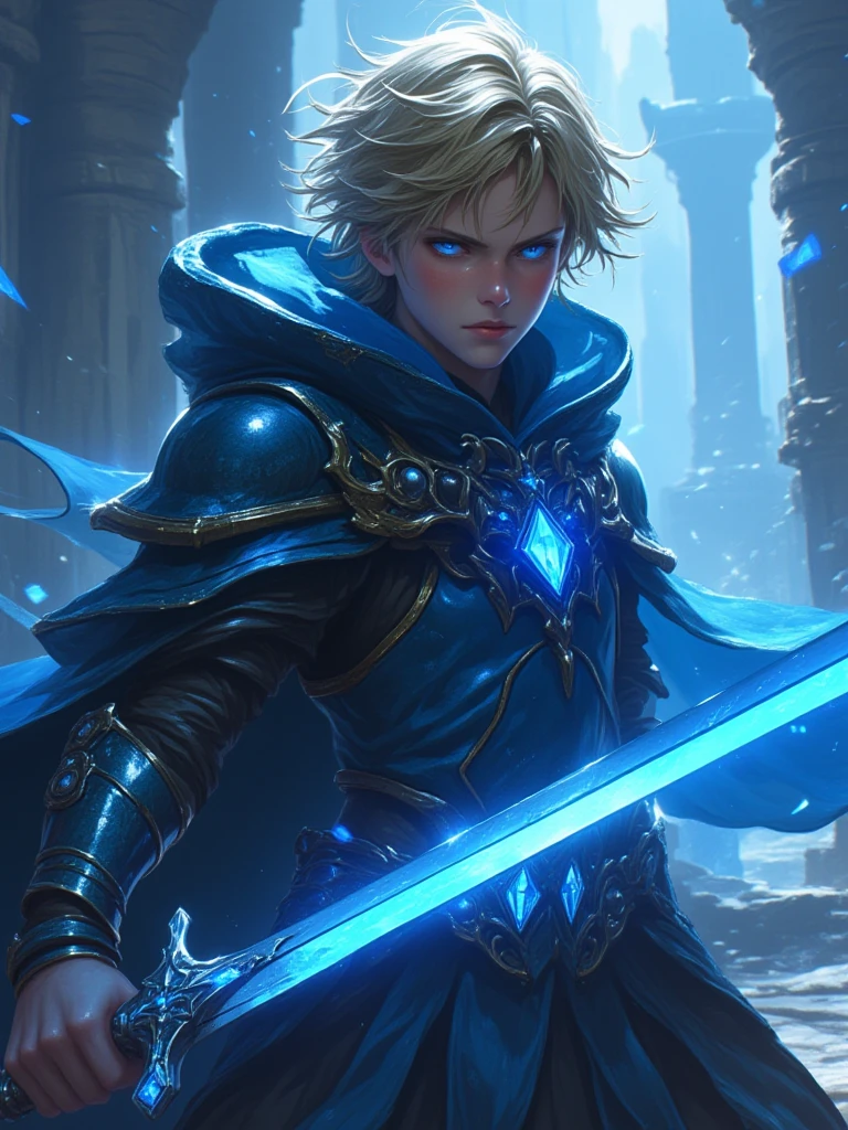 " An enigmatic warrior with short blond hair and bright light blue eyes ,  Dainsleif is in a dynamic battle pose , Exuding power and determination.  He wields his long sword ,  that shines with a dark blue energy ,  about to deliver a devastating blow .  His blue and black cloak with details in golden details flows dramatically in the wind , while his light armor ,  adorned with brilliant crystals ,  reflects the mystical light of the environment .  The scenery in the background depicts ancient ruins illuminated by blue light ethereal ,  with fragments floating in the air ,  suggesting a battle in a place of great power .  His expression is serious ,  with a focused and intense gaze ,  and his posture transmits strength and skill ,  like a guardian of Khaenri'ah's past facing his enemies with grace and precision."