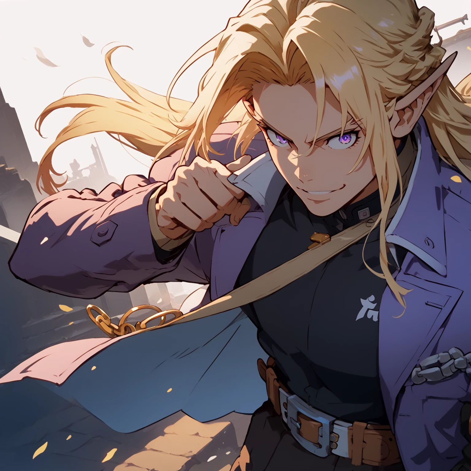 anime character with blonde hair and blue eyes in a purple jacket, guilty gear strive splash art, casimir art, male blonde elf ranger, purple eyes, handsome guy in demon slayer art, official character art, portrait of fin wildcloak, key anime art, elric of melnibone, official character illustration