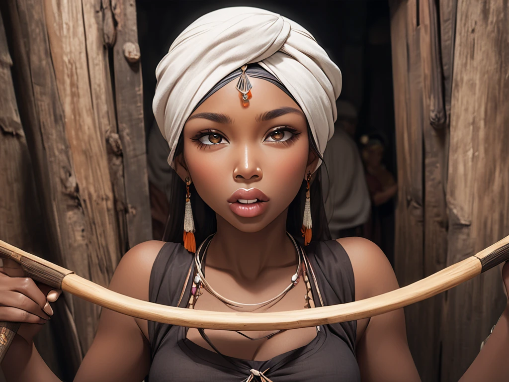 A black archer woman,  but with wide lips and nose ,  but wearing a discreet turban on the head,  holding a wooden bow and arrows in front of her body. The bow should appear in the foreground . rustic clothes 