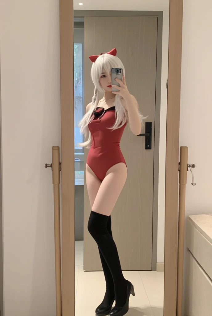 Generate a woman with a sexy cosplay of the character Makima from the anime "chainsaw man",  whose features are : height 1,75cm, white and delicate skin,  fine winding, medium but sexy thighs ,  It is important to note that she will be taking a photo in the mirror where she will hold an iPhone 15 in her hands so that the device's logo does not appear,  the photo must be framed so that the model's face does not appear .