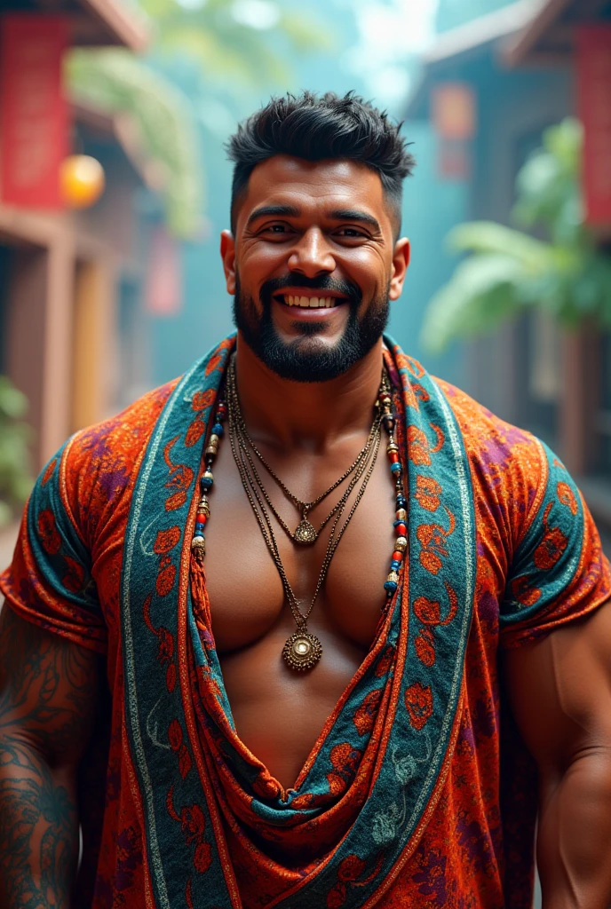 A chad alpha hyper muscular man with tribal tattoos posing with jewelry and custom jacket, open jacket, swollen, jacked, seductive, Instagram influencer, meticulous muscle definition, bara, manly, flaccid penis, erection, 