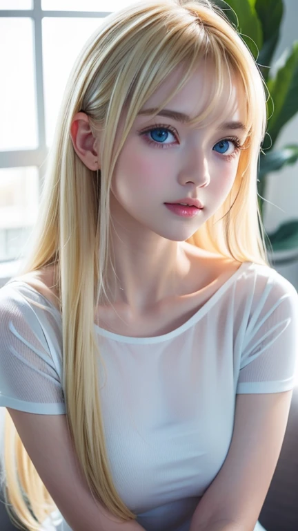 photorealistic、one girl 12 years old、Very good、slim and beautiful、((Small breasts:1.2)) narrow shoulders、realistic eyes、realistic eyes、、Platinum blonde hair color、top quality、ultra high resolution、８ｋ、in the thin, very tight wet trunks, transparent, detailed chest