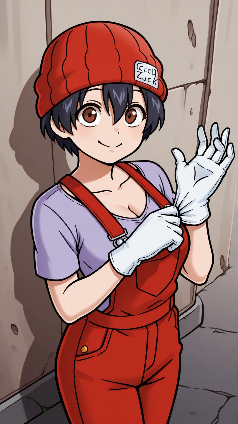 masterpiece, best quality, cowboy shot, solo, 1girl, izumo fuuko, smile, looking at viewer, adjusting gloves, short hair, black hair, hair between eyes, red headwear, beanie, brown eyes, two-tone, purple shirt, red overalls, short sleeves, white gloves, collarbone, cleavage, outdoors, city
