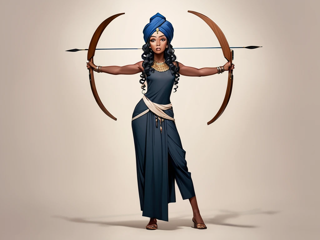 A black archer woman,  but with wide lips and nose , curly hair,  with a turban on her head,  holding a wooden bow and arrows in front of her body. Or show her in full body 