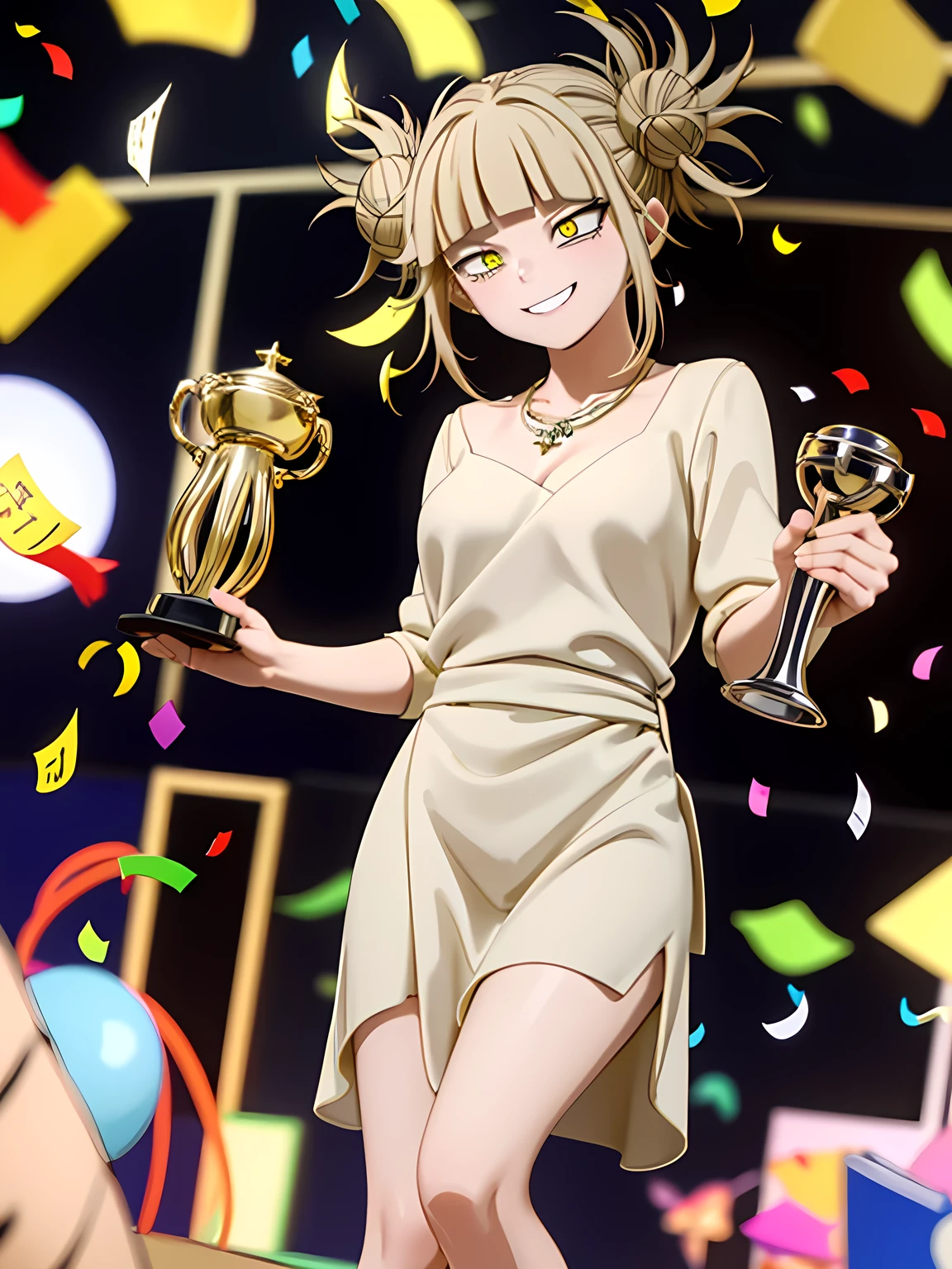 (moment of award), himiko toga, (toga himiko:1.2), bangs, blonde hair, (yellow eyes:1.5), blunt bangs, hair bun, double bun, messy hair, 1 girl, solo, (award ceremony), luxury dress, spotlight that can cast shadows, applause, smile, necklace, jewelry, (holding a trophy), ((award Trophy)), (confetti), celebration, stage,
