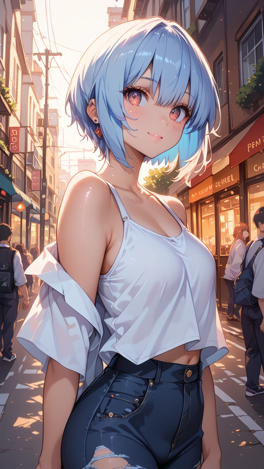 Under the street lights of the city at night、 big boobs, Sexy anime girl with big boobs wearing a tall suit ,  Perform sensual backbends ,  Show off flexibility and curves ., Emphasize the graceful lines of the body . model pose、smile、Rei Ayanami、sexy anime girl with short blue hair 、 white shirt