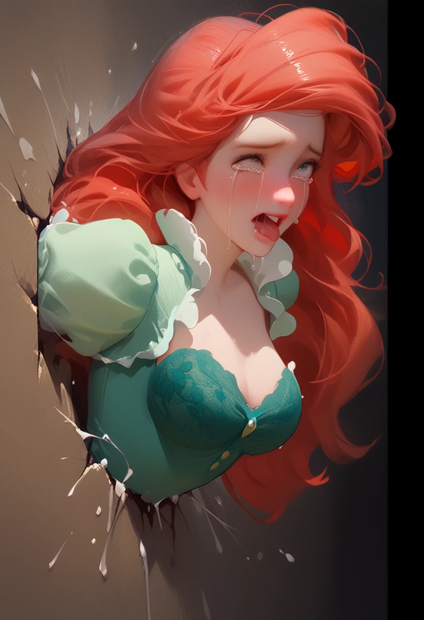 Ariel from Disney ,  Tears, Red hair, from side, hands behind back, cara ahegao, cries,  closed mouth , Show , blushing, blue unbuttoned dress,  green bra , struggle get out stuck in hole (Commission in wall), stuck in a wall.  realistic photo.