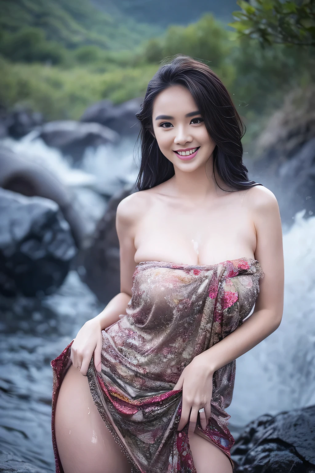 A Beautiful Girl, Fair-skinned, full body image, 18-20 years old, (gorgeous face, face shape., beautidul eyes, Beautiful Nose, Red mouth), (long-haired), ((Thai sarong)), ((bathe)), ((enormous breasts, breast augmentation, huge breast)), (((ผอมthin, ผอมthin, Flat stomach, beautiful legs, Slender Legs), (body dripping wet), (((no underwear.))), Thai rice fields, folk, natural