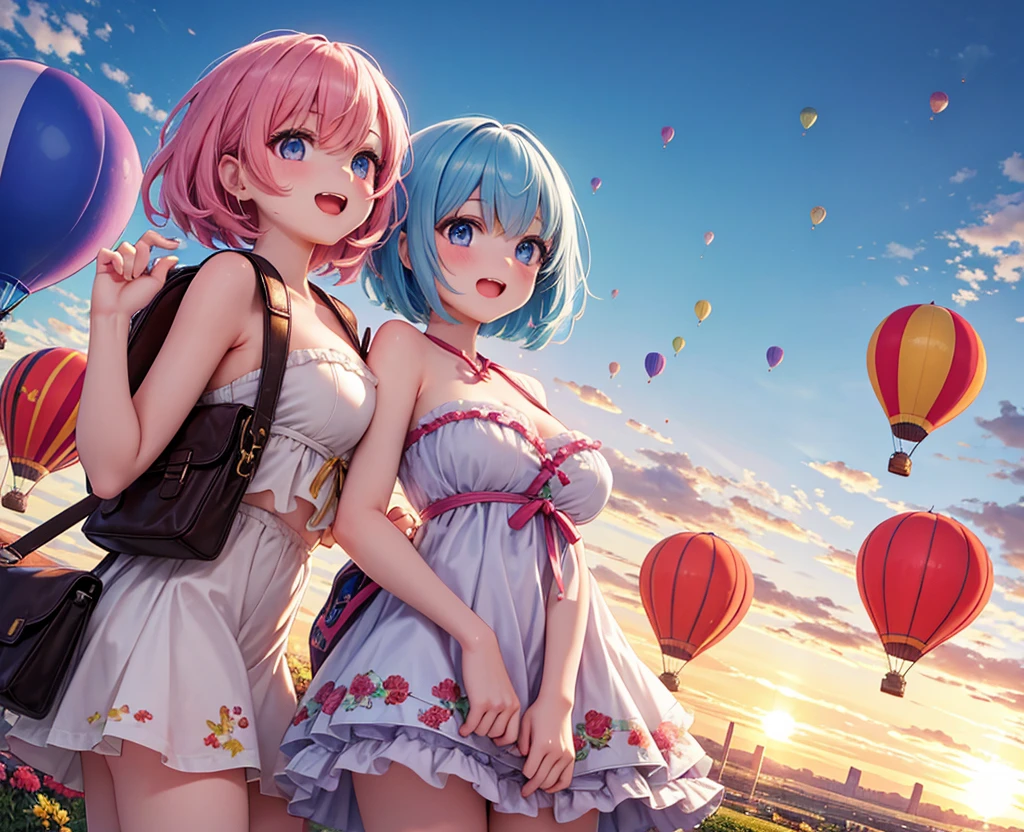 masterpiece, (2girls), couple, ((ram \(re:zero\), (pink hair), (hair tie)), (remrin:0.9), ramchi, (rem_re_zero, (light blue hair), (hair tie)), (short hair:1.5), (hair over one eye:1.3):1.4), (wearing t-shirts and hat:1.5), boobs, (happy face expression:1.3), (smiling face:1.2), (detailed body, detailed hands, detailed faces:1.3), (selfie:1.45), (indian elephant in the background, riding an indian elephant:1.4)