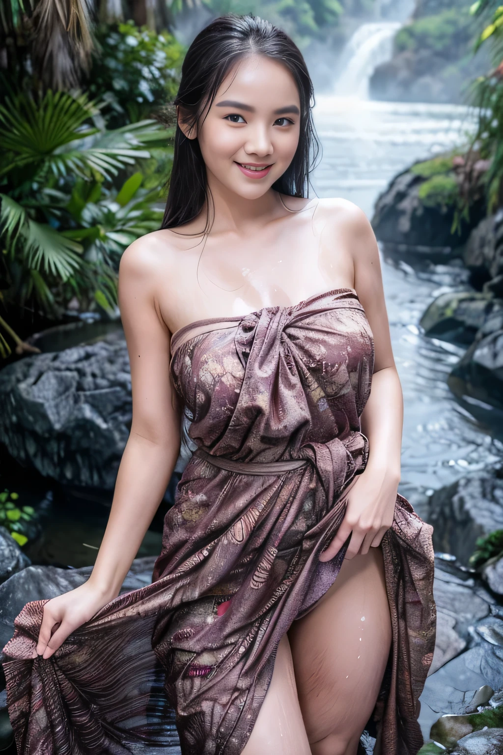 Cute girl wearing sarong dress with seducing pose, big smile, happy, bustling, ((whole body)) turning away facial at viewer, closeup, heavy mountains, misty, fog, woman standing in the waterfall, wet body, wet clothes, wet skin, beauty skin, huge breast:1.5, thick thighs bright lighting, big round ass, cute face, slim abs, 35mm lens, Extreme close-up, depth of field cinematography effect, romantic film genre, 8k resolution, high quality, ultra detail