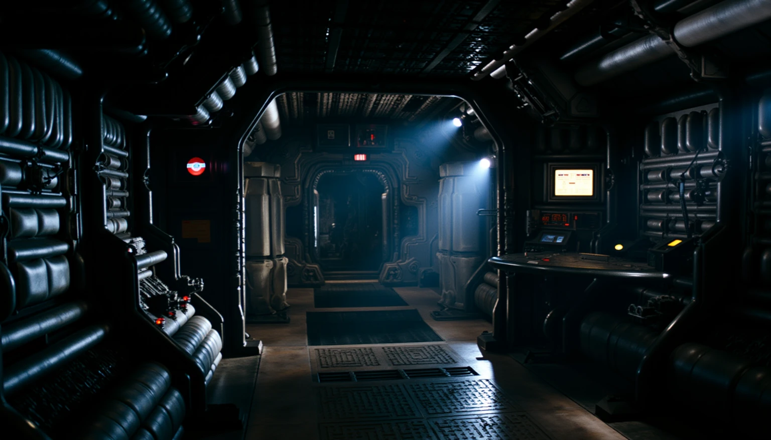 ohwx set design, a photo of  the movie alien romolus interior set design, cinematic lighting