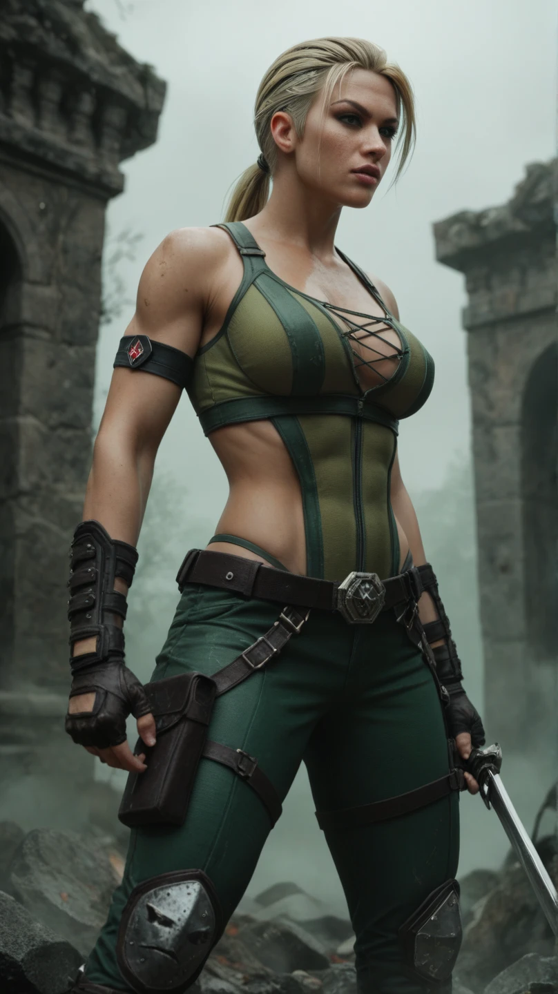 (best quality,4k,8k,highres,masterpiece:1.2), ultra-detailed, (realistic,photorealistic,photo-realistic:1.37), HDR, UHD, studio lighting, extreme detail description, professional, vivid colors, bokeh, women's hero, brown hair, wearing real jungle leaves from jungle that are green as clothing, battle damaged, confident, heroic pose, vibrant background, dynamic action, intense expression, atmospheric lighting, surreal, bold strokes of paint, intense shadows and highlights, mysterious ambiance, epic scene, and lives in a destroyed city